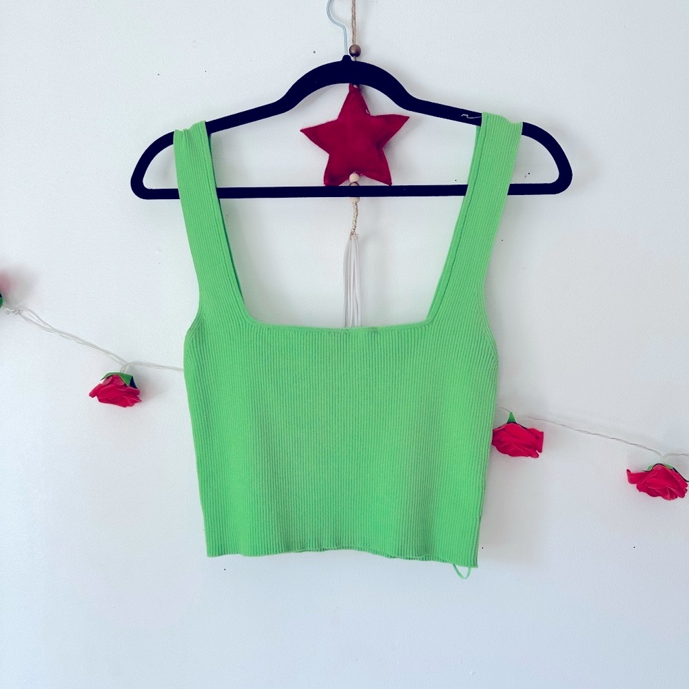 Zara Ribbed Knit Stretchy Green Square Neck Crop Top L